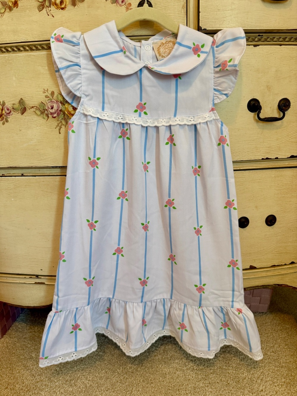 Classic White & Blue Floral Kids Nightgown - Cute Pink Rose Print